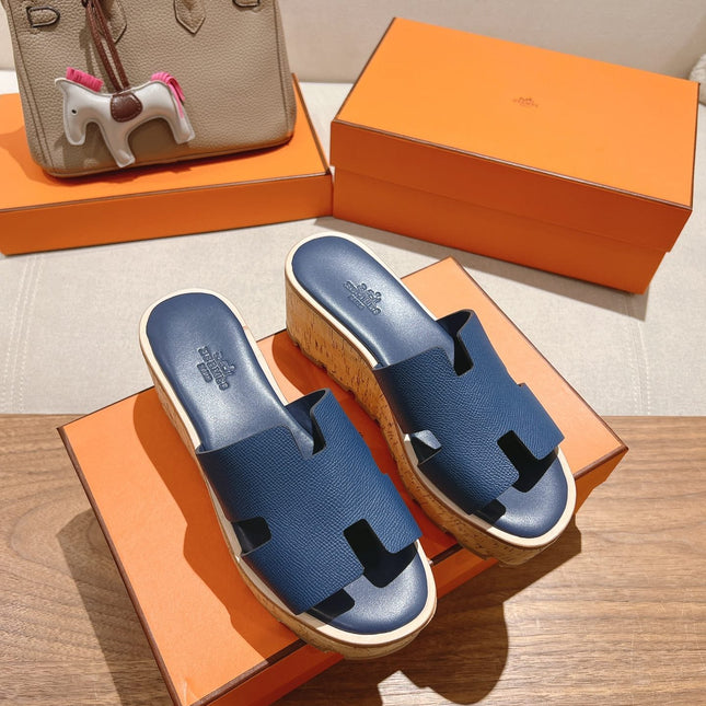 HM 25S HIGH WEDGE SANDALS IN DARK STEEL BLUE LAMBSKIN STYLE 18