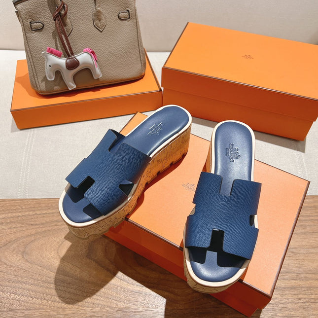 HM 25S HIGH WEDGE SANDALS IN DARK STEEL BLUE LAMBSKIN STYLE 18