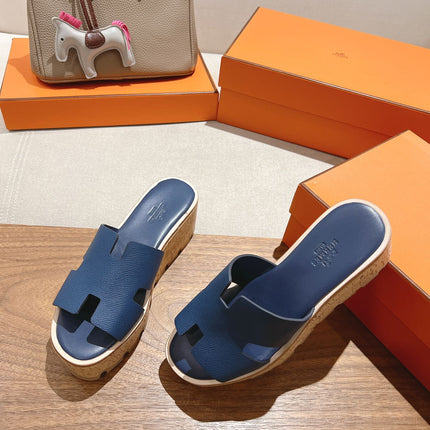 HM 25S HIGH WEDGE SANDALS IN DARK STEEL BLUE LAMBSKIN STYLE 18
