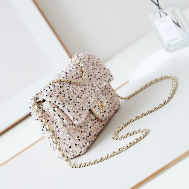 CHANEL 25S FLAP BAG 20 IN LIGHT PINK MIX BLACK SEQUINS