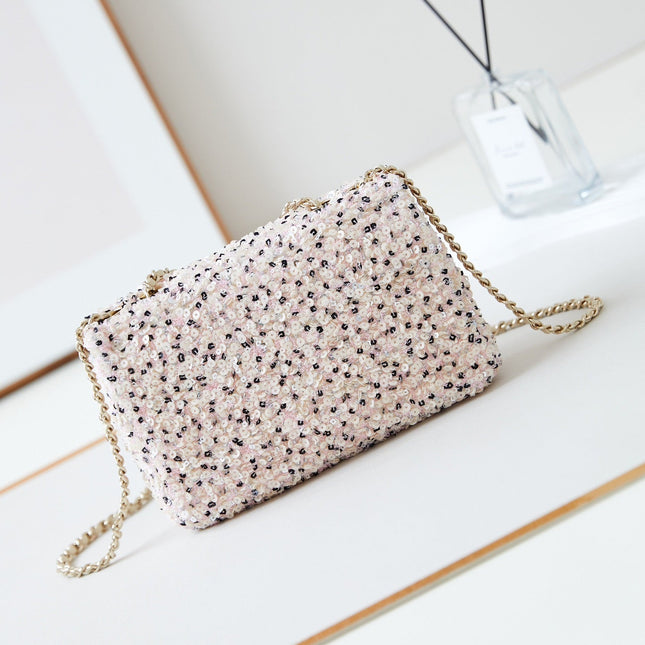 CHANEL 25S FLAP BAG 20 IN LIGHT PINK MIX BLACK SEQUINS