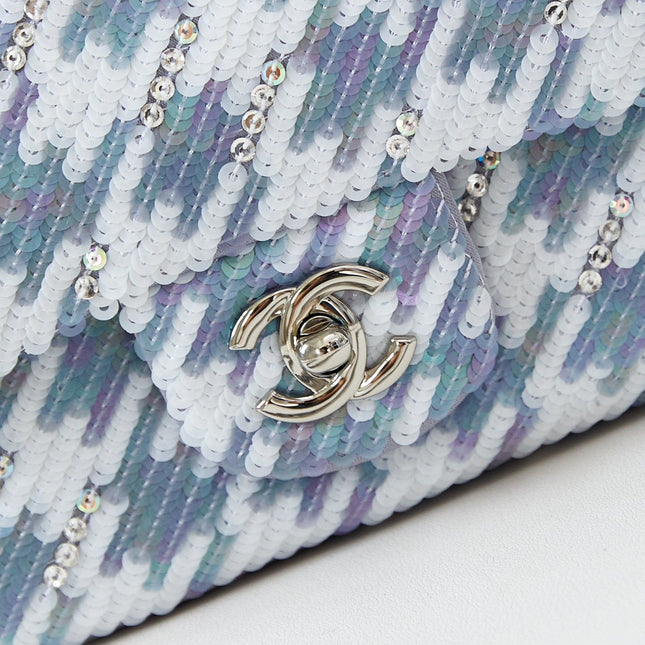 CHANEL 25S FLAP BAG 20 IN WHITE MIX BLUE SEQUINS