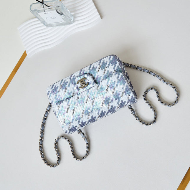 CHANEL 25S FLAP BAG 20 IN WHITE MIX BLUE SEQUINS