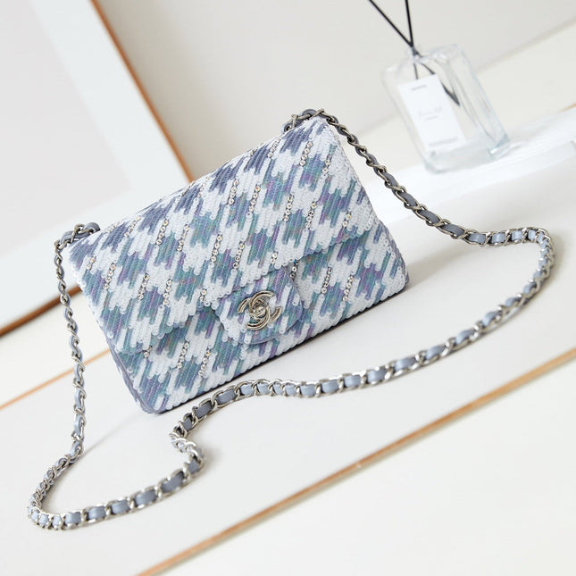 CHANEL 25S FLAP BAG 20 IN WHITE MIX BLUE SEQUINS