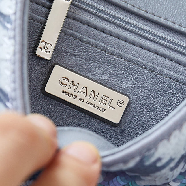 CHANEL 25S FLAP BAG 20 IN WHITE MIX BLUE SEQUINS