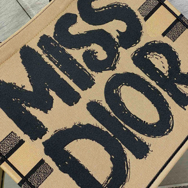 LARGE BOOK TOTE 42 BEIGE AND BLACK MISS DIOR GRAFFITI EMBROIDERY