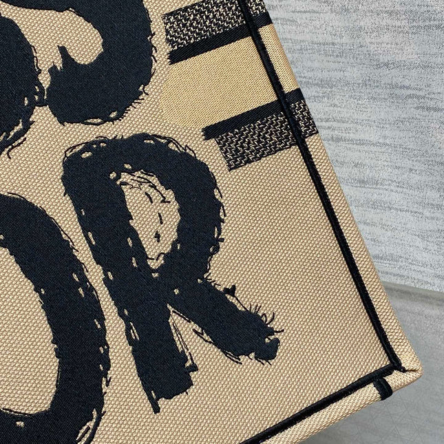 LARGE BOOK TOTE 42 BEIGE AND BLACK MISS DIOR GRAFFITI EMBROIDERY
