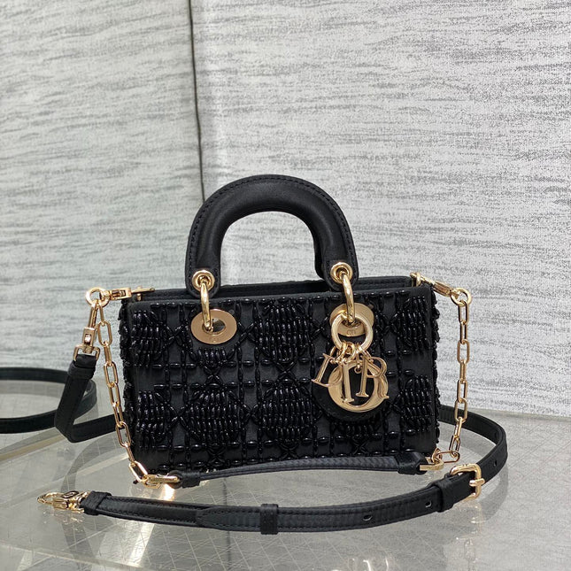 MINI LADY BAG 16 IN BLACK SATIN AND CALFSKIN WITH BEADED DESIGN