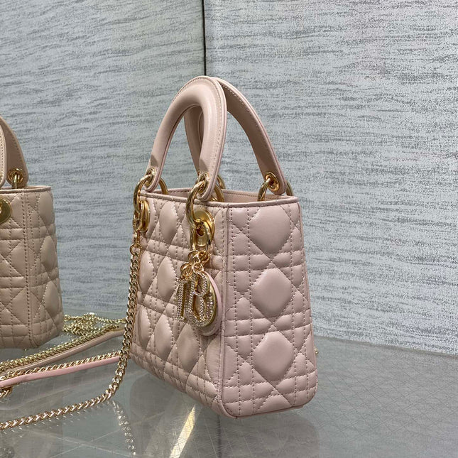 DIOR 25S MINI LADY DIOR BAG 17 IN PINK CALFSKIN CHARM CRYSTAL EMBELLISHMENTS