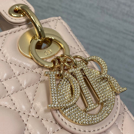 DIOR 25S MINI LADY DIOR BAG 17 IN PINK CALFSKIN CHARM CRYSTAL EMBELLISHMENTS