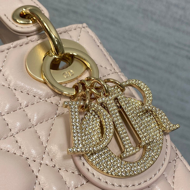 DIOR 25S MINI LADY DIOR BAG 17 IN PINK CALFSKIN CHARM CRYSTAL EMBELLISHMENTS