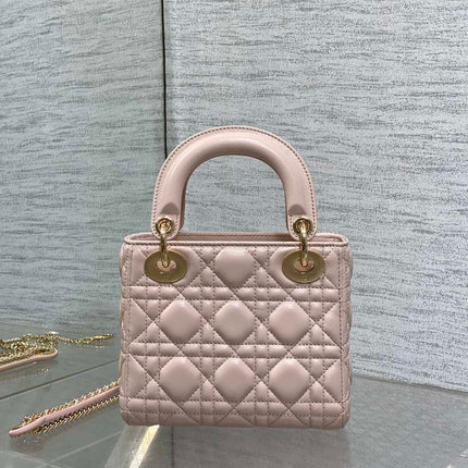 DIOR 25S MINI LADY DIOR BAG 17 IN PINK CALFSKIN CHARM CRYSTAL EMBELLISHMENTS