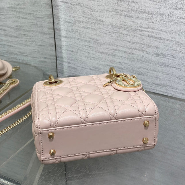 DIOR 25S MINI LADY DIOR BAG 17 IN PINK CALFSKIN CHARM CRYSTAL EMBELLISHMENTS