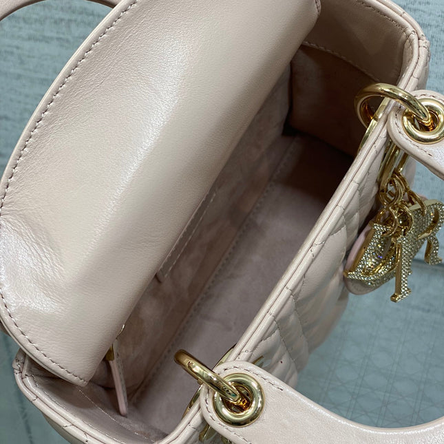DIOR 25S MINI LADY DIOR BAG 17 IN PINK CALFSKIN CHARM CRYSTAL EMBELLISHMENTS