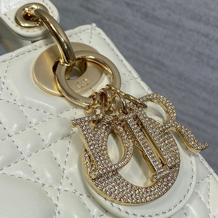 DIOR 25S MINI LADY DIOR BAG 17 IN IVORY CALFSKIN CHARM CRYSTAL EMBELLISHMENTS
