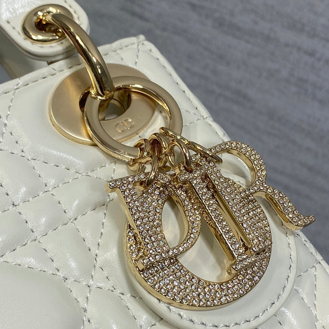 DIOR 25S MINI LADY DIOR BAG 17 IN IVORY CALFSKIN CHARM CRYSTAL EMBELLISHMENTS