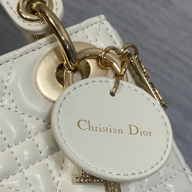 DIOR 25S MINI LADY DIOR BAG 17 IN IVORY CALFSKIN CHARM CRYSTAL EMBELLISHMENTS