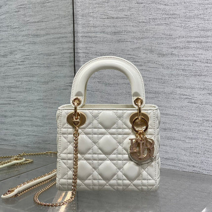 DIOR 25S MINI LADY DIOR BAG 17 IN IVORY CALFSKIN CHARM CRYSTAL EMBELLISHMENTS