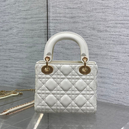 DIOR 25S MINI LADY DIOR BAG 17 IN IVORY CALFSKIN CHARM CRYSTAL EMBELLISHMENTS