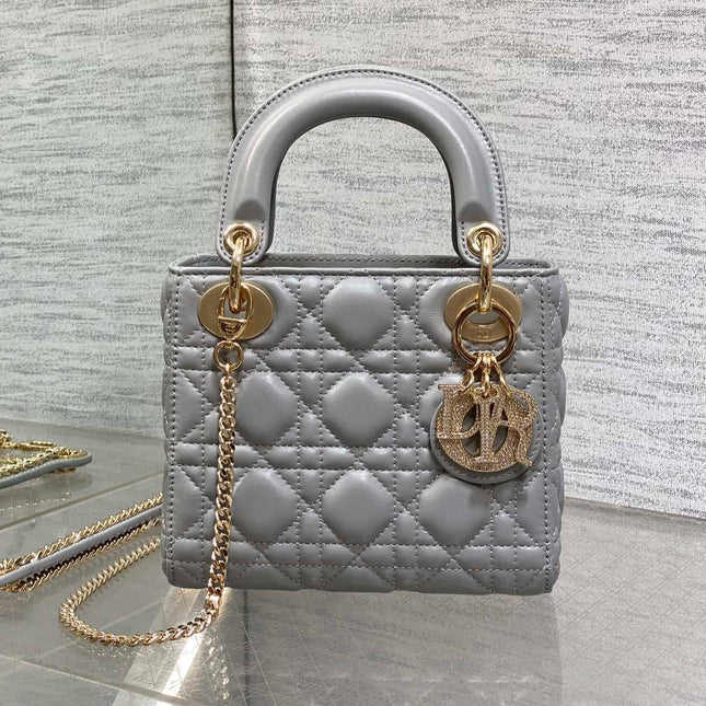 DIOR 25S MINI LADY DIOR BAG 17 IN DARK GRAY CALFSKIN CHARM CRYSTAL EMBELLISHMENTS