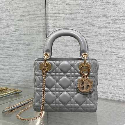 DIOR 25S MINI LADY DIOR BAG 17 IN DARK GRAY CALFSKIN CHARM CRYSTAL EMBELLISHMENTS