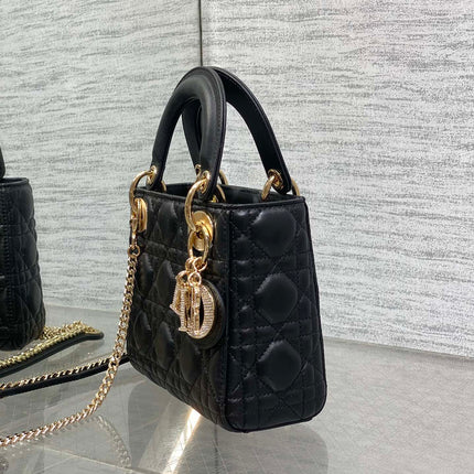 DIOR 25S MINI LADY DIOR BAG 17 IN BLACK CALFSKIN CHARM CRYSTAL EMBELLISHMENTS