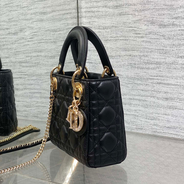 DIOR 25S MINI LADY DIOR BAG 17 IN BLACK CALFSKIN CHARM CRYSTAL EMBELLISHMENTS
