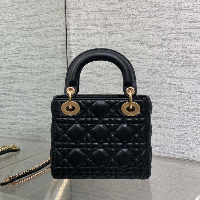 DIOR 25S MINI LADY DIOR BAG 17 IN BLACK CALFSKIN CHARM CRYSTAL EMBELLISHMENTS