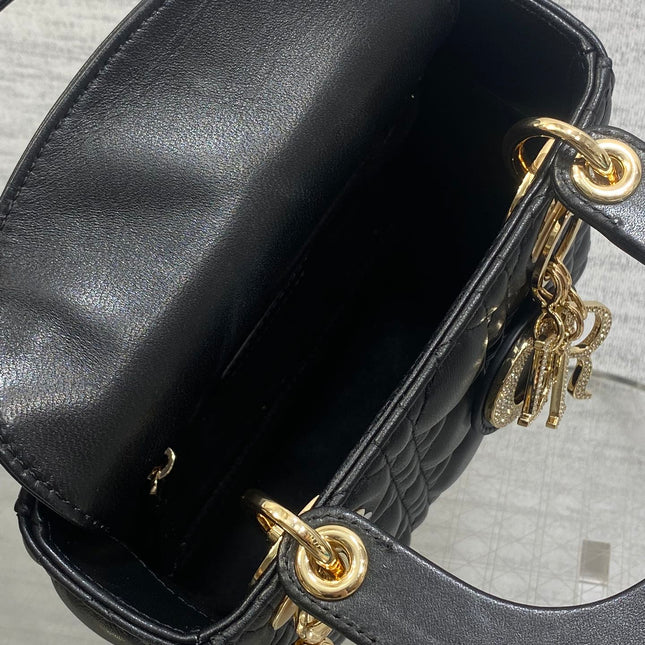 DIOR 25S MINI LADY DIOR BAG 17 IN BLACK CALFSKIN CHARM CRYSTAL EMBELLISHMENTS