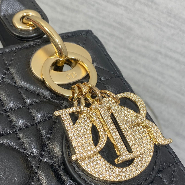 DIOR 25S MINI LADY DIOR BAG 17 IN BLACK CALFSKIN CHARM CRYSTAL EMBELLISHMENTS