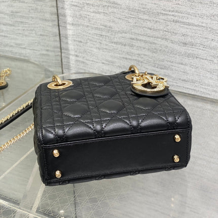 DIOR 25S MINI LADY DIOR BAG 17 IN BLACK CALFSKIN CHARM CRYSTAL EMBELLISHMENTS