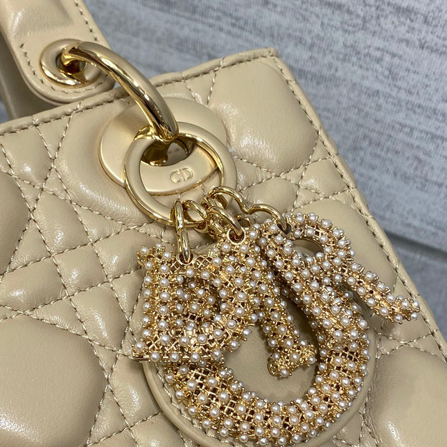 DIOR 25S LADY DIOR BAG 20 IN SAND BEIGE CALFSKIN CHARM PEARL EMBELLISHMENTS
