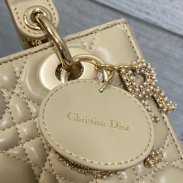 DIOR 25S LADY DIOR BAG 20 IN SAND BEIGE CALFSKIN CHARM PEARL EMBELLISHMENTS