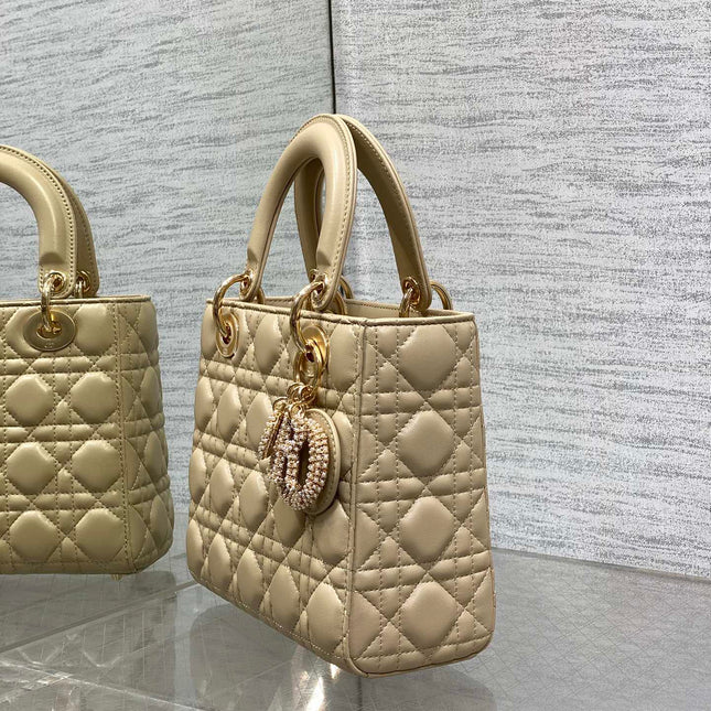 DIOR 25S LADY DIOR BAG 20 IN SAND BEIGE CALFSKIN CHARM PEARL EMBELLISHMENTS