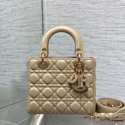 DIOR 25S LADY DIOR BAG 20 IN SAND BEIGE CALFSKIN CHARM PEARL EMBELLISHMENTS