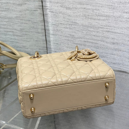 DIOR 25S LADY DIOR BAG 20 IN SAND BEIGE CALFSKIN CHARM PEARL EMBELLISHMENTS