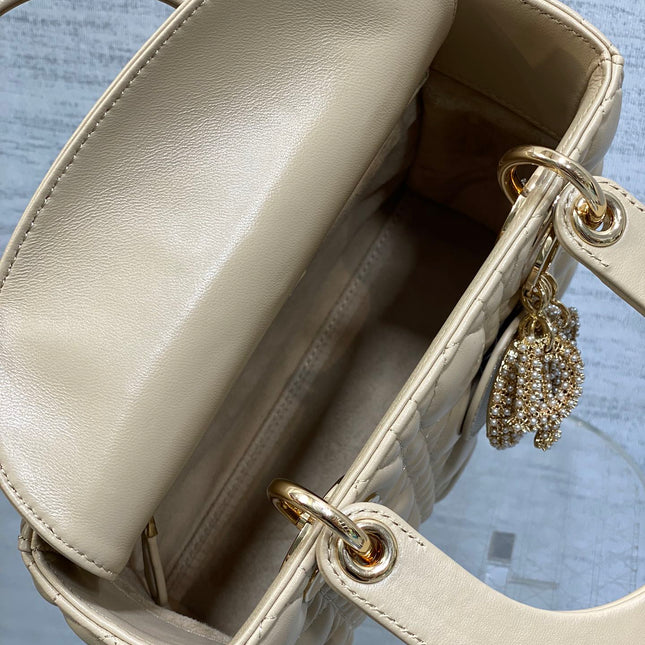 DIOR 25S LADY DIOR BAG 20 IN SAND BEIGE CALFSKIN CHARM PEARL EMBELLISHMENTS