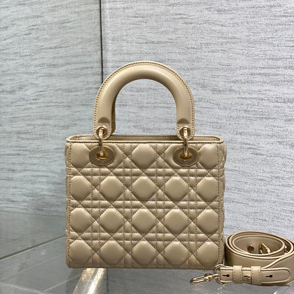 DIOR 25S LADY DIOR BAG 20 IN SAND BEIGE CALFSKIN CHARM PEARL EMBELLISHMENTS