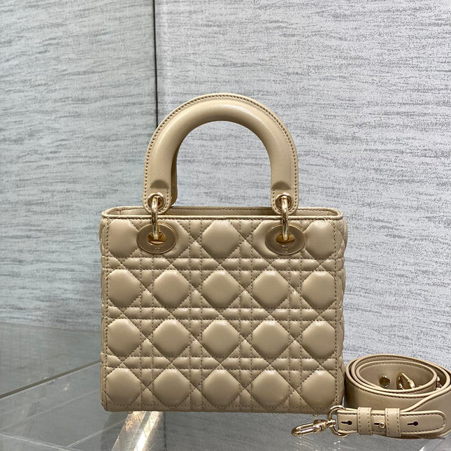 DIOR 25S LADY DIOR BAG 20 IN SAND BEIGE CALFSKIN CHARM PEARL EMBELLISHMENTS
