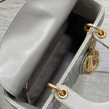 DIOR 25S LADY DIOR BAG 20 IN DARK GRAY CALFSKIN CHARM PEARL EMBELLISHMENTS