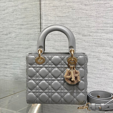 DIOR 25S LADY DIOR BAG 20 IN DARK GRAY CALFSKIN CHARM PEARL EMBELLISHMENTS