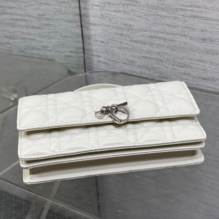 DIOR 25S DIOR TALK PHONE POUCH 21 IN WHITE CANNAGE LAMBSKIN SILVER HARDWARE
