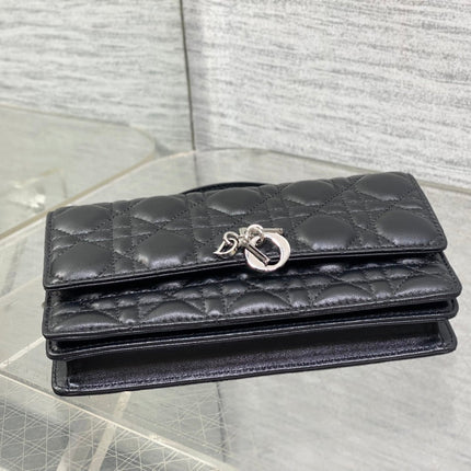 DIOR 25S DIOR TALK PHONE POUCH 21 IN BLACK CANNAGE LAMBSKIN SILVER HARDWARE