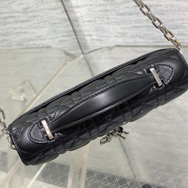 DIOR 25S DIOR TALK PHONE POUCH 21 IN BLACK CANNAGE LAMBSKIN SILVER HARDWARE