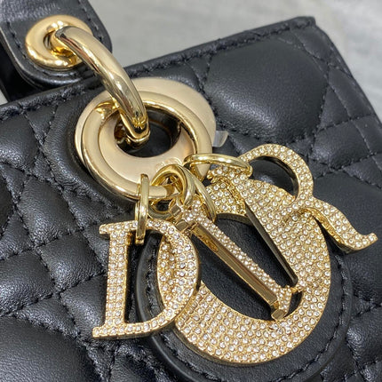 DIOR 25S SMALL LADY D‑JOY BAG 22 IN BLACK CALFSKIN GOLD HARDWARE