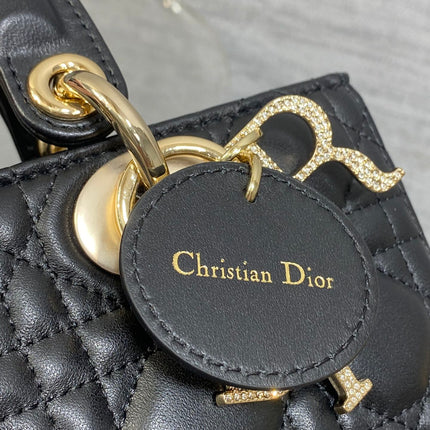 DIOR 25S SMALL LADY D‑JOY BAG 22 IN BLACK CALFSKIN GOLD HARDWARE