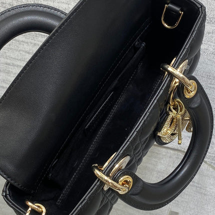 DIOR 25S SMALL LADY D‑JOY BAG 22 IN BLACK CALFSKIN GOLD HARDWARE