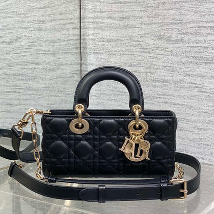 DIOR 25S SMALL LADY D‑JOY BAG 22 IN BLACK CALFSKIN GOLD HARDWARE