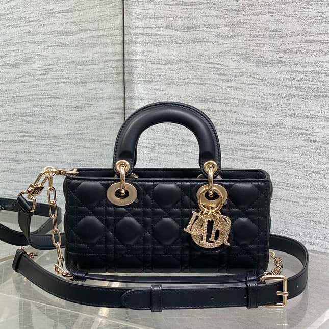 DIOR 25S SMALL LADY D‑JOY BAG 22 IN BLACK CALFSKIN GOLD HARDWARE
