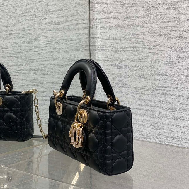 DIOR 25S SMALL LADY D‑JOY BAG 22 IN BLACK CALFSKIN GOLD HARDWARE